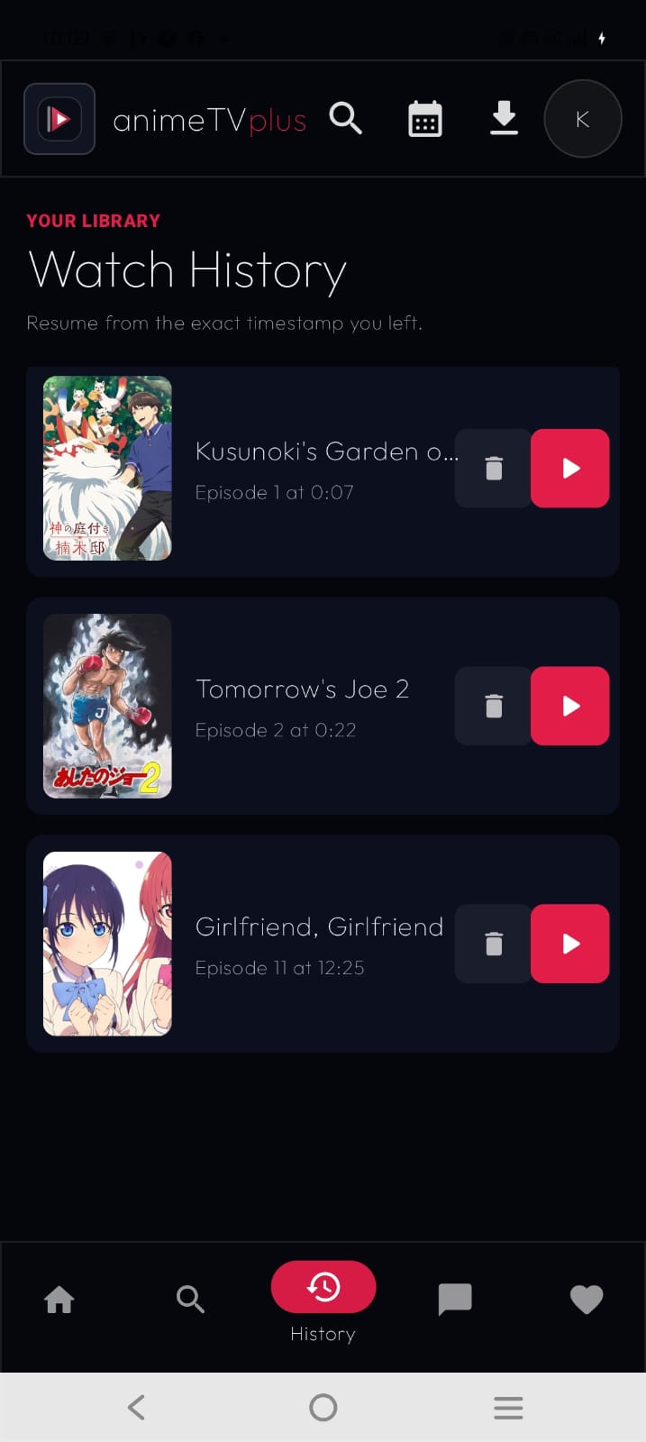 Profile drawer screenshot in animeTVplus Android app