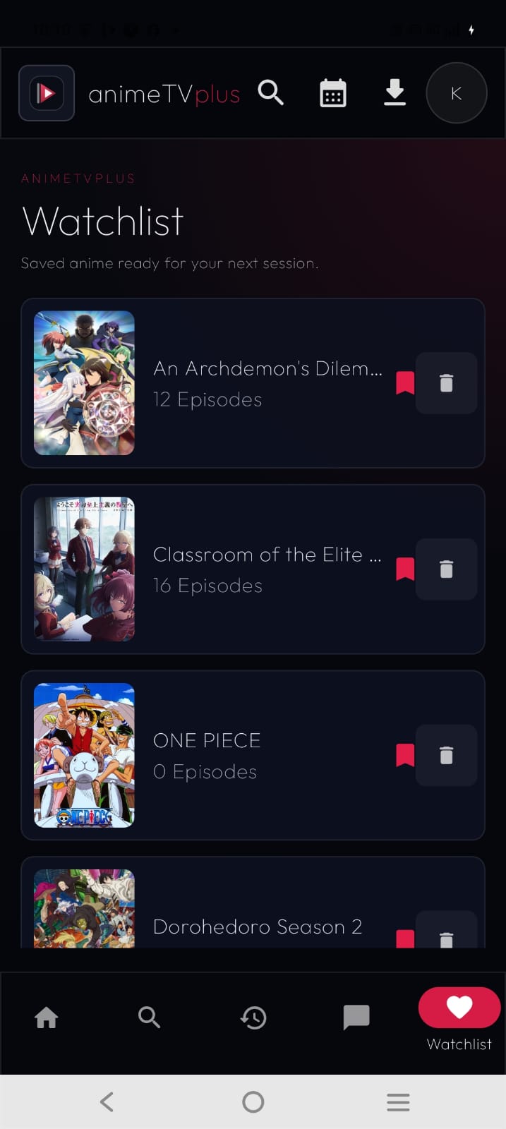 Airing schedule screenshot in animeTVplus Android app
